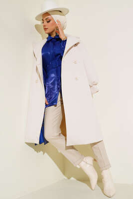 Balon Kol Düğmeli Kaşe Kaban Ekru - Thumbnail