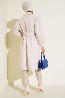 Balon Kol Düğmeli Kaşe Kaban Ekru - Thumbnail