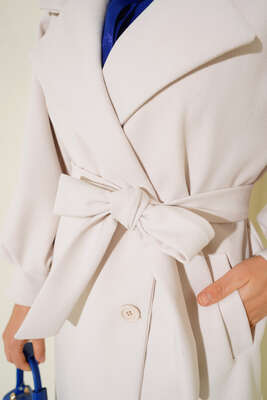 Balon Kol Düğmeli Kaşe Kaban Ekru - Thumbnail