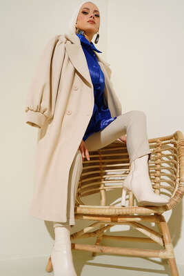 Balon Kol Düğmeli Kaşe Kaban Bej - Thumbnail