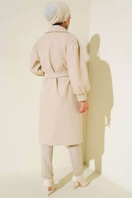 Balon Kol Düğmeli Kaşe Kaban Bej - Thumbnail