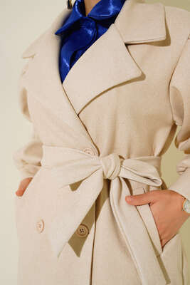 Balon Kol Düğmeli Kaşe Kaban Bej - Thumbnail