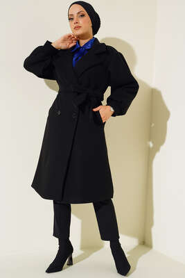 Balon Kol Düğmeli Kaşe Kaban Siyah - Thumbnail