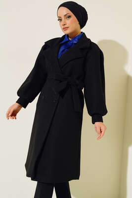 Balon Kol Düğmeli Kaşe Kaban Siyah - Thumbnail