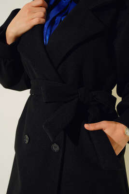 Balon Kol Düğmeli Kaşe Kaban Siyah - Thumbnail