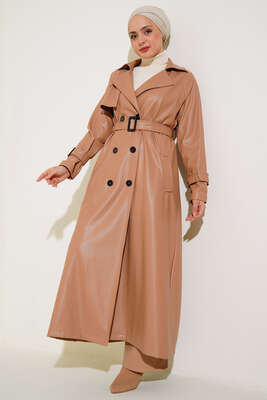 Pazarium - Düğmeli Kuşaklı Deri Trençkot Latte