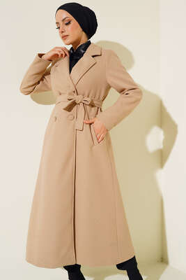 Yan Cepli Düğmeli Uzun Kaşe Kaban Latte - Thumbnail