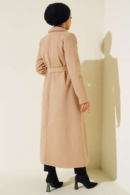 Yan Cepli Düğmeli Uzun Kaşe Kaban Latte - Thumbnail