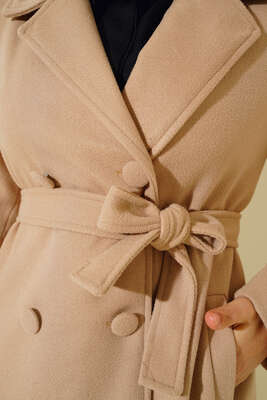 Yan Cepli Düğmeli Uzun Kaşe Kaban Latte - Thumbnail