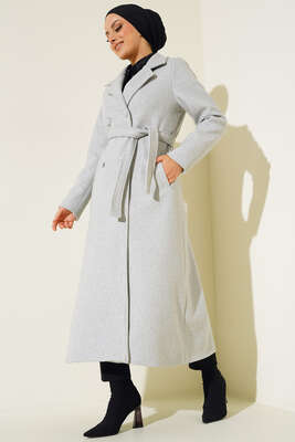 Yan Cepli Düğmeli Uzun Kaşe Kaban Gri - Thumbnail