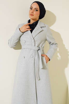 Yan Cepli Düğmeli Uzun Kaşe Kaban Gri - Thumbnail