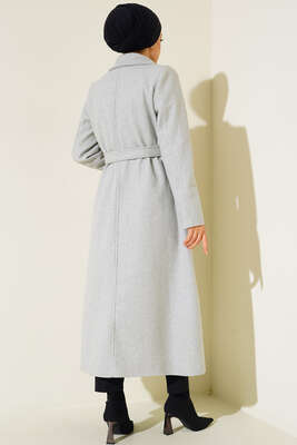 Yan Cepli Düğmeli Uzun Kaşe Kaban Gri - Thumbnail