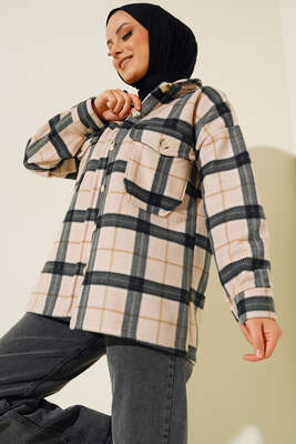 Çift Cepli Polar Gömlek Bej - Thumbnail