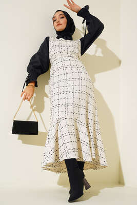 Kuşaklı Jile Elbise Ekru - Thumbnail