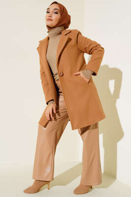 Tek Düğmeli Kısa Kaşe Kaban Latte - Thumbnail