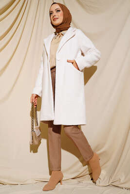 Önü Düğmeli Cepli Krem Kaban - Thumbnail