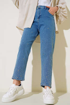 Yüksek Bel Taşlı Havuç Jean Pantolon Kot Mavisi - Thumbnail