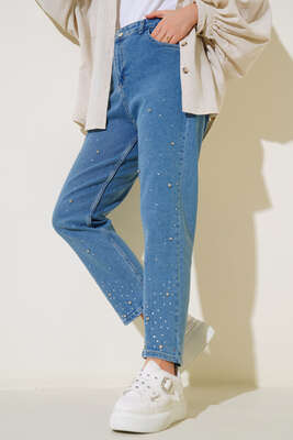 Yüksek Bel Taşlı Havuç Jean Pantolon Kot Mavisi - Thumbnail