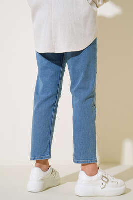 Yüksek Bel Taşlı Havuç Jean Pantolon Kot Mavisi - Thumbnail