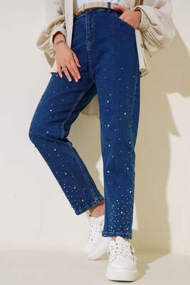 Yüksek Bel Taşlı Havuç Jean Pantolon Kot - Thumbnail