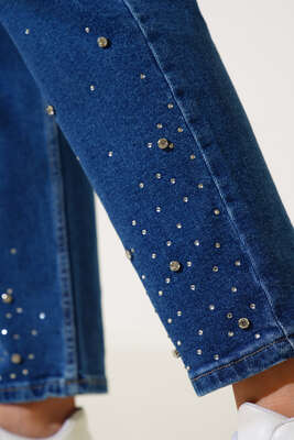 Yüksek Bel Taşlı Havuç Jean Pantolon Kot - Thumbnail