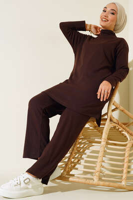 Boğazlı Yırtmaçlı İkili Takım Kahve - Thumbnail