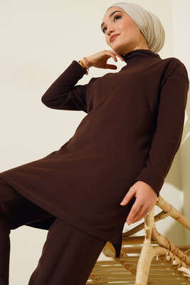 Boğazlı Yırtmaçlı İkili Takım Kahve - Thumbnail