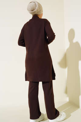 Boğazlı Yırtmaçlı İkili Takım Kahve - Thumbnail