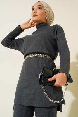 Boğazlı Yırtmaçlı İkili Takım Antrasit - Thumbnail