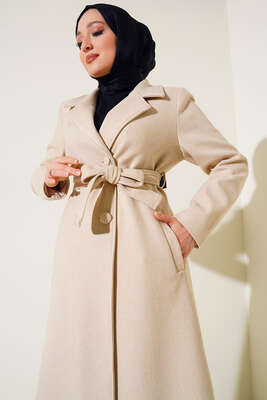 Yan Cepli Düğmeli Uzun Kaşe Kaban Bej - Thumbnail