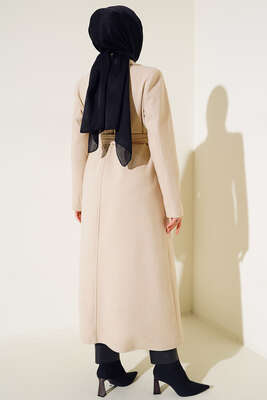 Yan Cepli Düğmeli Uzun Kaşe Kaban Bej - Thumbnail