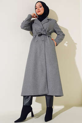 Yan Cepli Düğmeli Uzun Kaşe Kaban Füme - Thumbnail