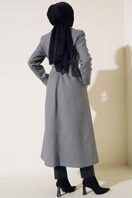 Yan Cepli Düğmeli Uzun Kaşe Kaban Füme - Thumbnail