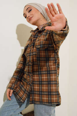 Çift Cepli Polar Gömlek Kahve - Thumbnail