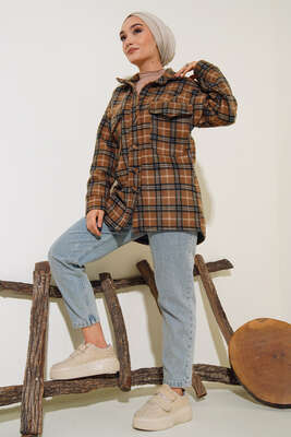 Çift Cepli Polar Gömlek Kahve - Thumbnail