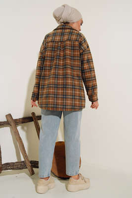 Çift Cepli Polar Gömlek Kahve - Thumbnail