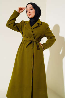 Yan Cepli Düğmeli Uzun Kaşe Kaban Yağ Yeşili - Thumbnail