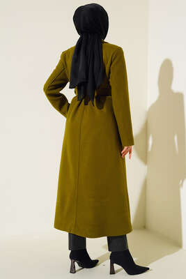 Yan Cepli Düğmeli Uzun Kaşe Kaban Yağ Yeşili - Thumbnail