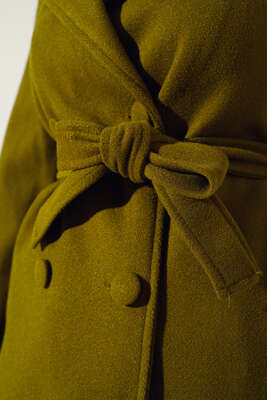 Yan Cepli Düğmeli Uzun Kaşe Kaban Yağ Yeşili - Thumbnail