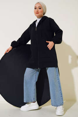 İçi Şardonlu Fermuarlı Hırka Siyah - Thumbnail