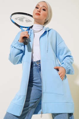 İçi Şardonlu Fermuarlı Hırka Mavi - Thumbnail