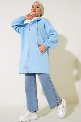 İçi Şardonlu Fermuarlı Hırka Mavi - Thumbnail