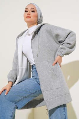 İçi Şardonlu Fermuarlı Hırka Gri - Thumbnail