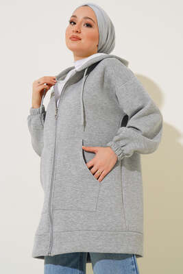 İçi Şardonlu Fermuarlı Hırka Gri - Thumbnail