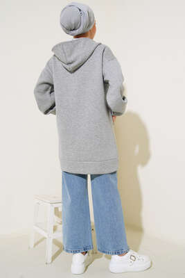 İçi Şardonlu Fermuarlı Hırka Gri - Thumbnail