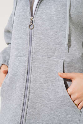 İçi Şardonlu Fermuarlı Hırka Gri - Thumbnail