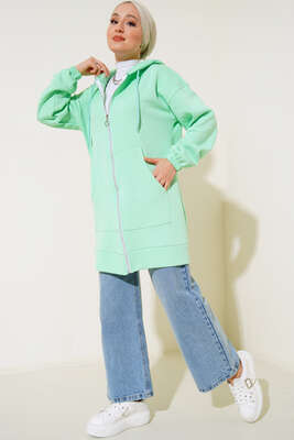 İçi Şardonlu Fermuarlı Hırka Fıstık Yeşili - Thumbnail