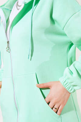 İçi Şardonlu Fermuarlı Hırka Fıstık Yeşili - Thumbnail