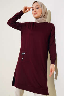 Cep Arma Detaylı Basic Tunik Bordo - Thumbnail