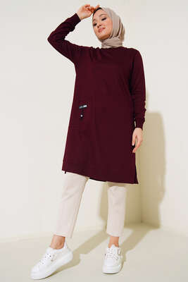 Cep Arma Detaylı Basic Tunik Bordo - Thumbnail